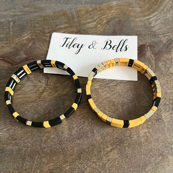 New Tiley & Bells Black Yellow and Gold Colorblock Stretch Bracelets - Picture 1 of 10